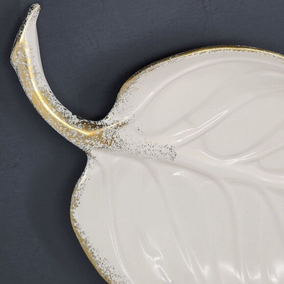 California Pottery Ceramic White Leaf Dish Bowl With Gold Trim Vintage 15" MCM - Picture 4 of 10
